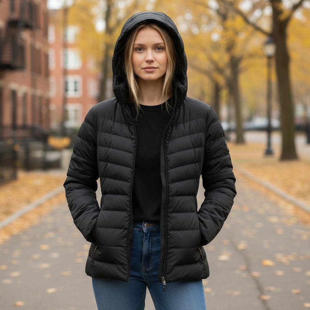 32 Degrees Puffer Jacket Large Black Hooded Quilted Heat Insulated Zip Coat
